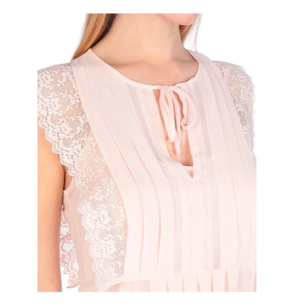 New! SANDRO Paris Pleated Lace Sheer Midi Dress in Peach Pink - Picture 4 of 10